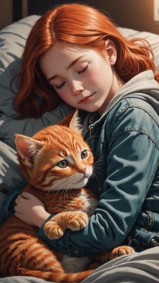 Girl sleeping with cat