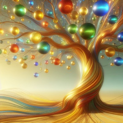 Golden tree with colorful baubles