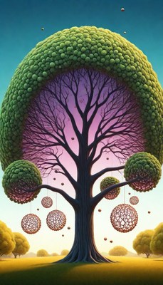 Surreal tree with hanging spheres