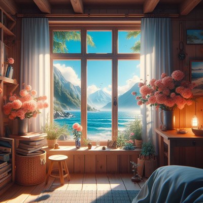 Coastal cabin window view