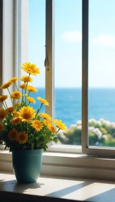 Yellow flowers by window with ocean view