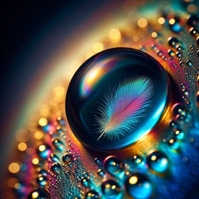 Feather trapped in a water droplet