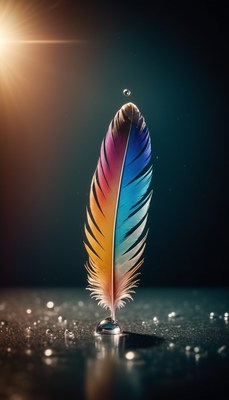 Colorful feather on water drop
