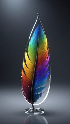 Rainbow feather in glass teardrop