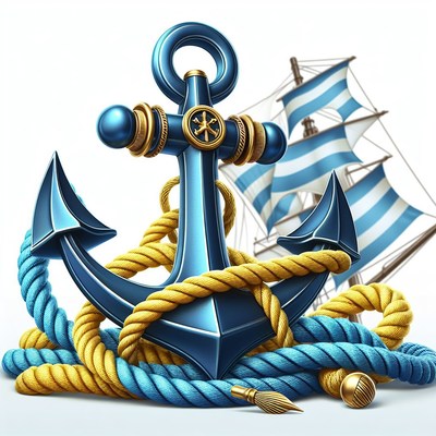 Blue anchor with rope and sailboat