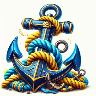 Blue and gold anchor with rope