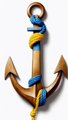 Wooden anchor with blue and yellow rope