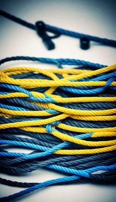 Blue, yellow, and black rope pile