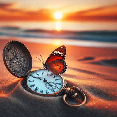 Sunset beach pocket watch and butterfly