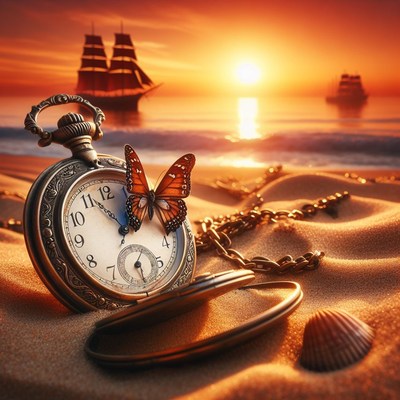 Pocket watch on a sunset beach