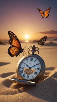 Sunset beach pocket watch with butterflies