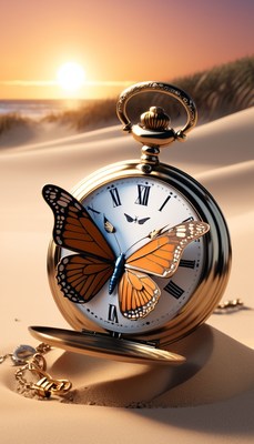 Pocket watch and butterfly on beach at sunset