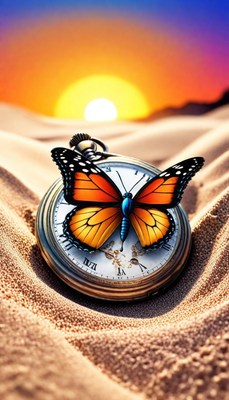 Butterfly on pocket watch at sunset