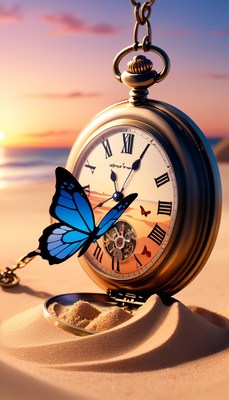 Pocket watch and butterfly on beach at sunset