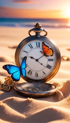 Pocket watch on beach at sunset