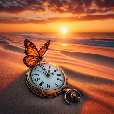 Sunset beach clock and butterfly