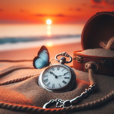 Pocket watch and butterfly at sunset