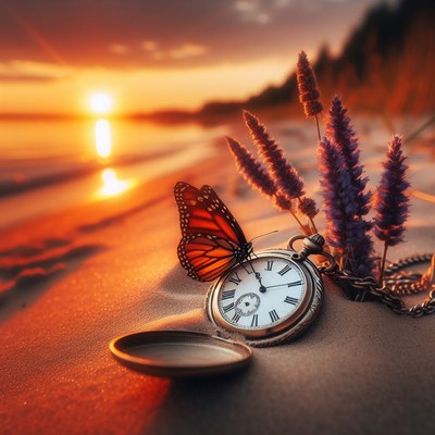 Sunset beach with pocket watch and butterfly