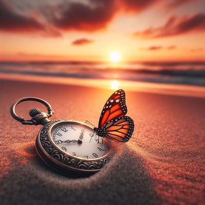 Sunset beach clock and butterfly