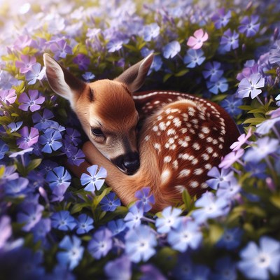 Fawn sleeping in blue flowers