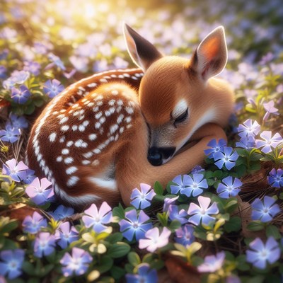 Fawn sleeping in wildflowers