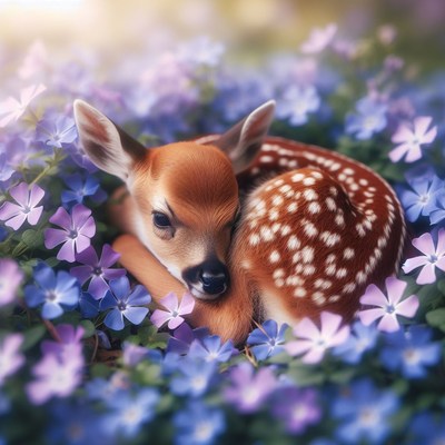 Fawn sleeping in blue flowers
