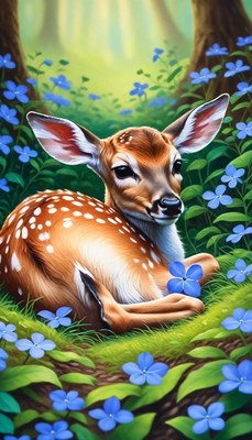 Fawn resting in spring flowers