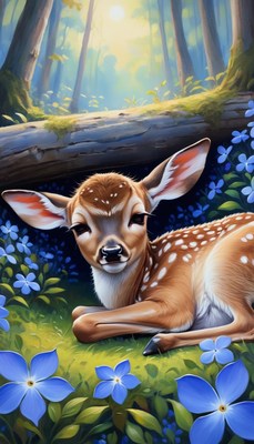 Fawn resting in forest clearing