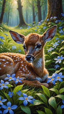 Fawn resting in forest glade