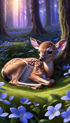Fawn resting in sunlit forest
