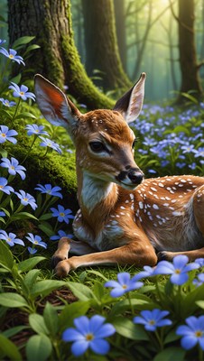 Fawn resting in a forest clearing