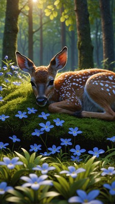 Fawn resting in forest glade
