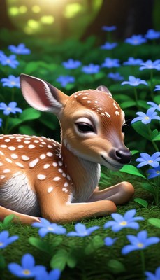 Spotted fawn resting in blue flowers