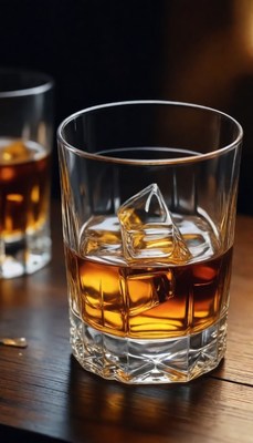 Whiskey and ice on wooden table