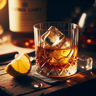 Whiskey and ice on wooden table