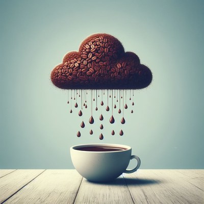 Coffee bean cloud raining into cup