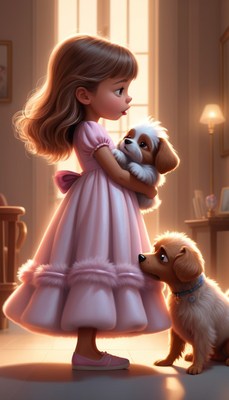 Girl holding puppy with another dog
