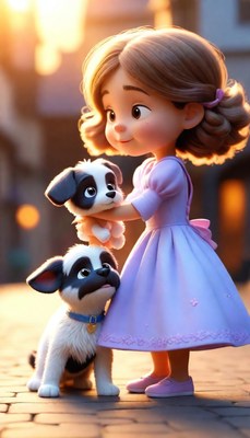 Girl holding puppies at sunset