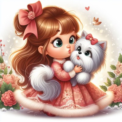 Girl kisses puppy in floral setting