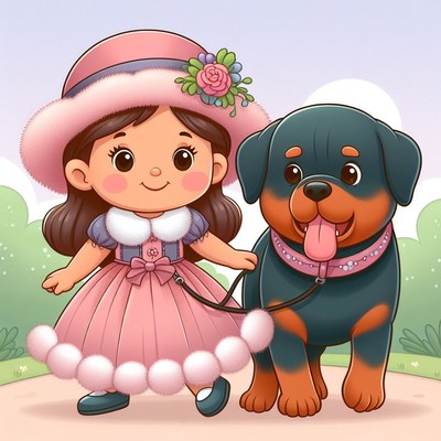 Girl walking rottweiler in pink dress