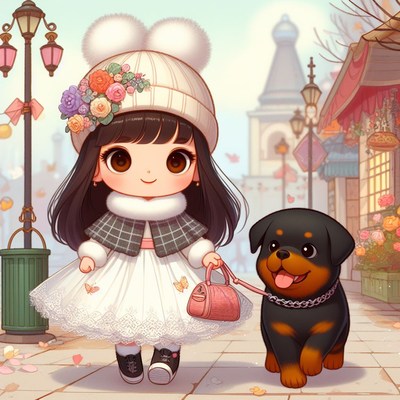 Girl walking rottweiler in city