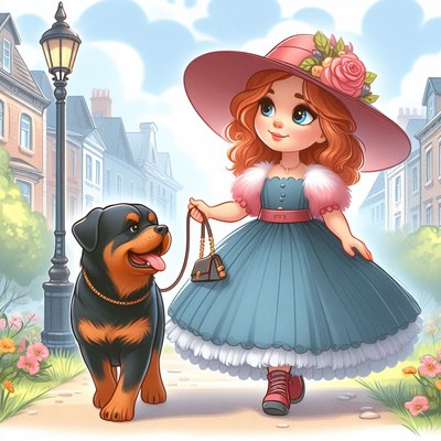 Girl walking rottweiler in city