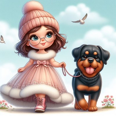 Girl walking rottweiler dog