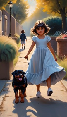 Girl walking rottweiler down sidewalk