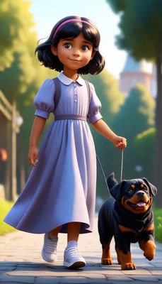 Girl walking dog on sunny day