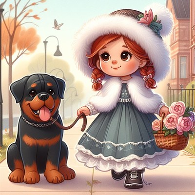 Girl walking rottweiler in autumn