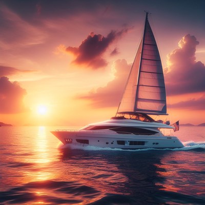 Yacht sailing at sunset