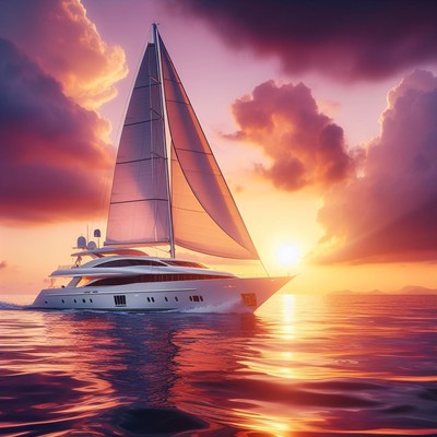 Yacht sailing at sunset