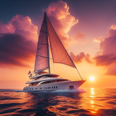 Yacht sailing at sunset