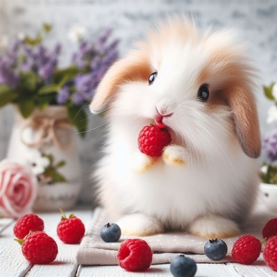 Fluffy bunny eating raspberry
